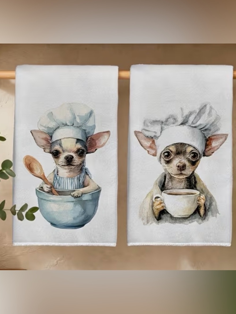 Cute Chihuahua Kitchen Hand Towels Set of 2 Watercolor Chef Dog Tea Towels Gift